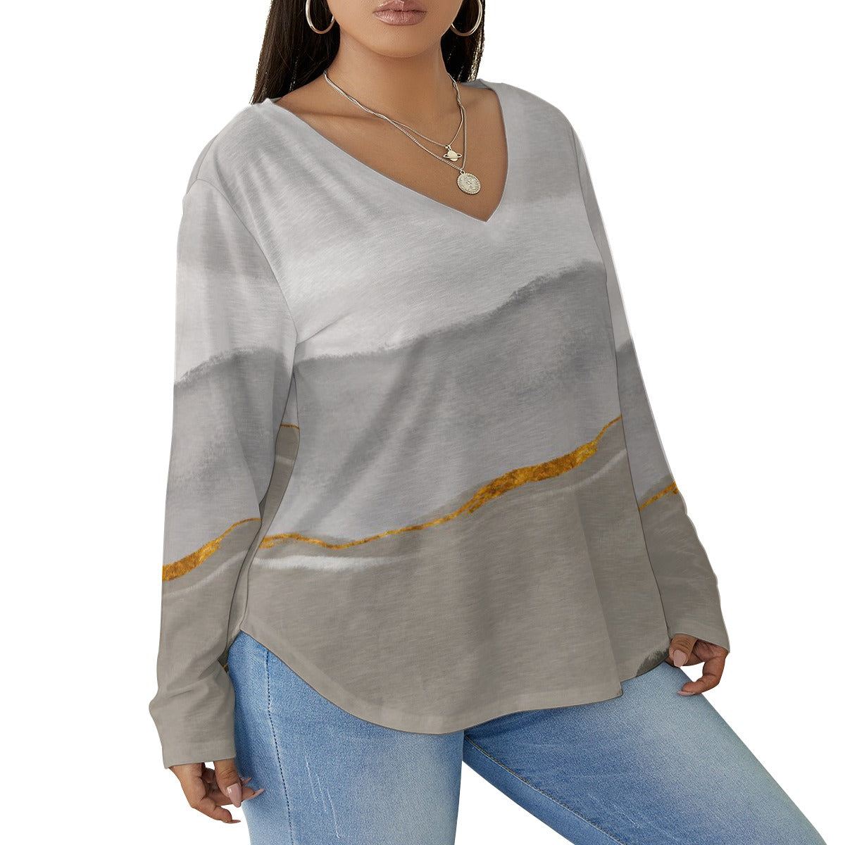 All-Over Print Women's V-neck T-shirt With Curved Hem(Plus Size)