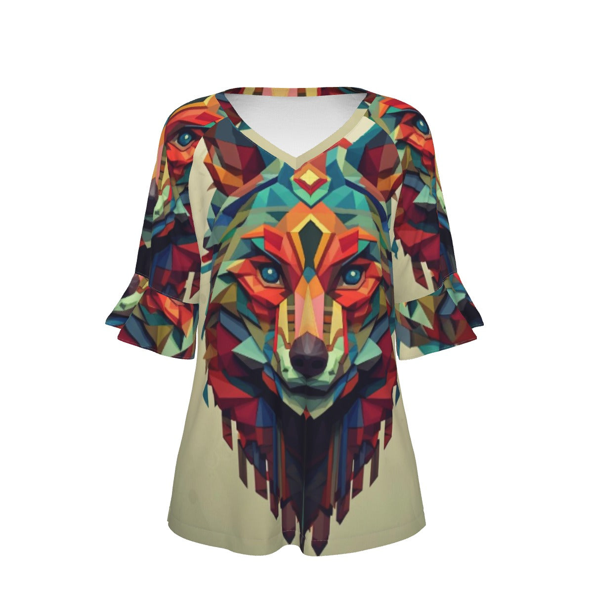 All-Over Print V-neck Women's T-shirt With Bell Sleeve