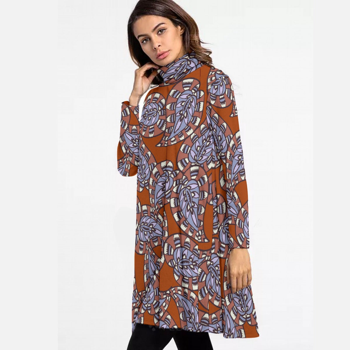 All-Over Print Women's High Neck Dress With Long Sleeve