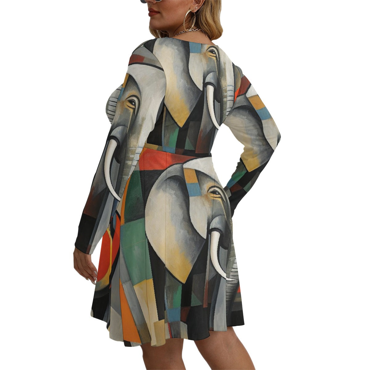 All-Over Print Women's V-neck Long Sleeve Dress(Plus Size)