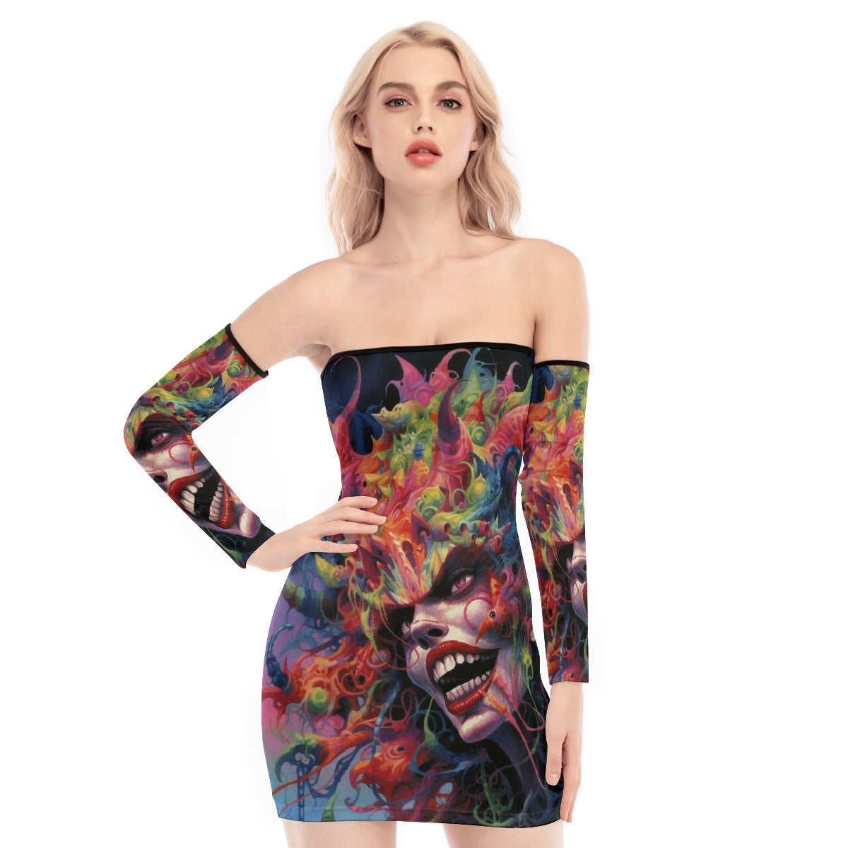 All-Over Print Women's Off-shoulder Back Lace-up Dress