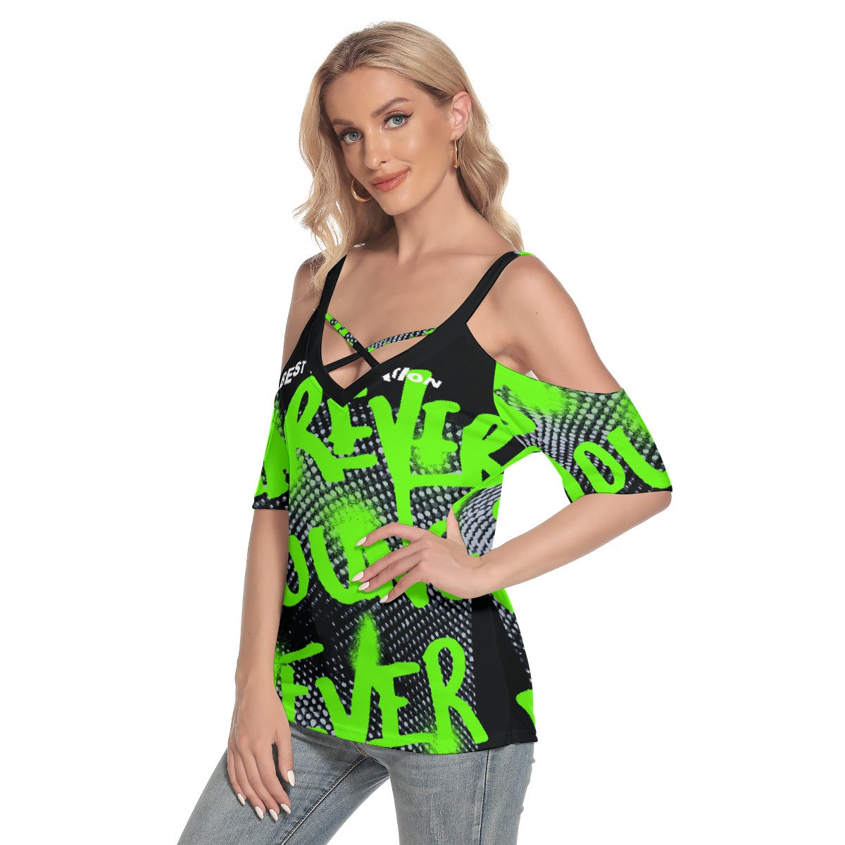 All-Over Print Women's Cold Shoulder T-shirt With Criss Cross Strips