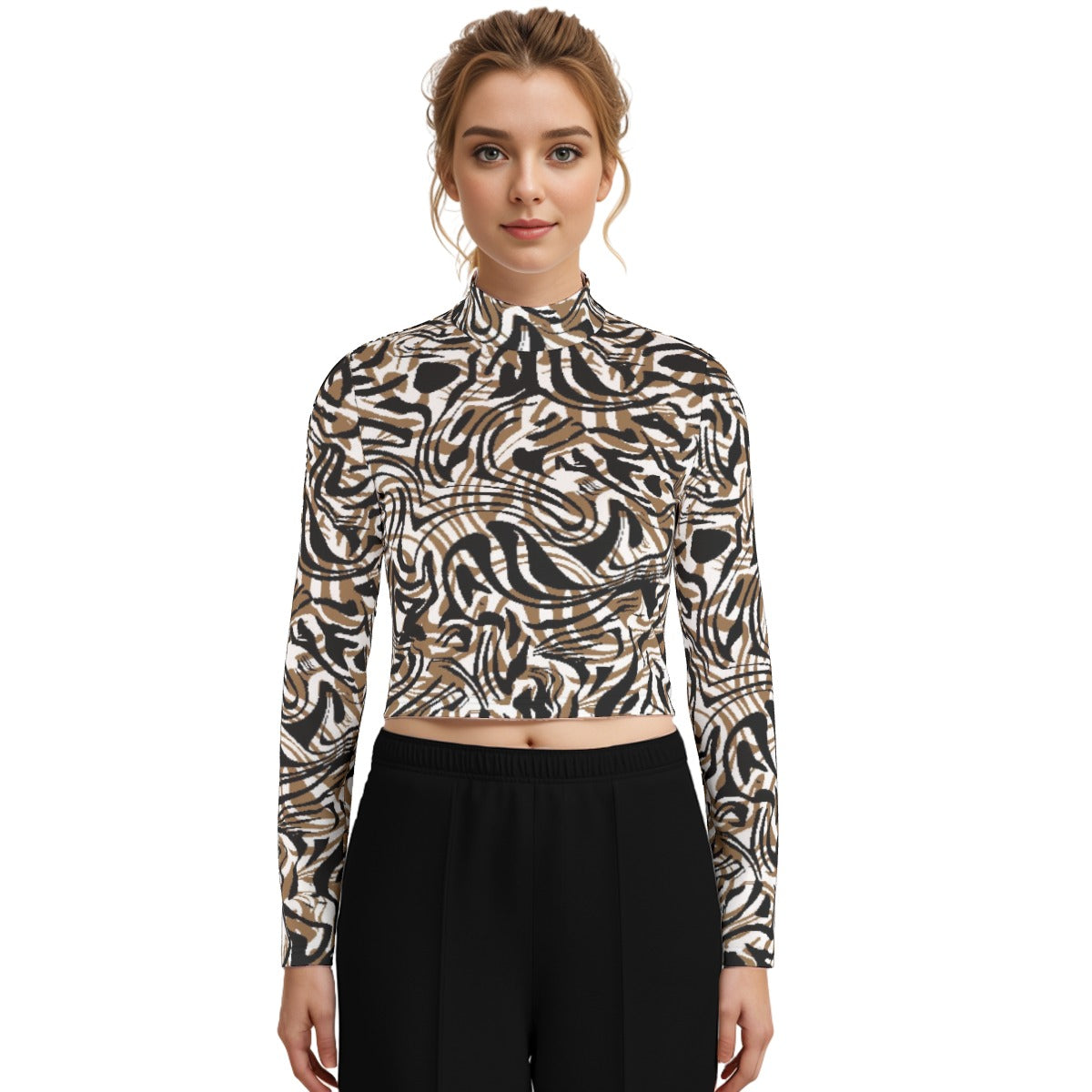 Eco-Friendly All-Over Print Women's Turtleneck T-shirt With Long Sleeve