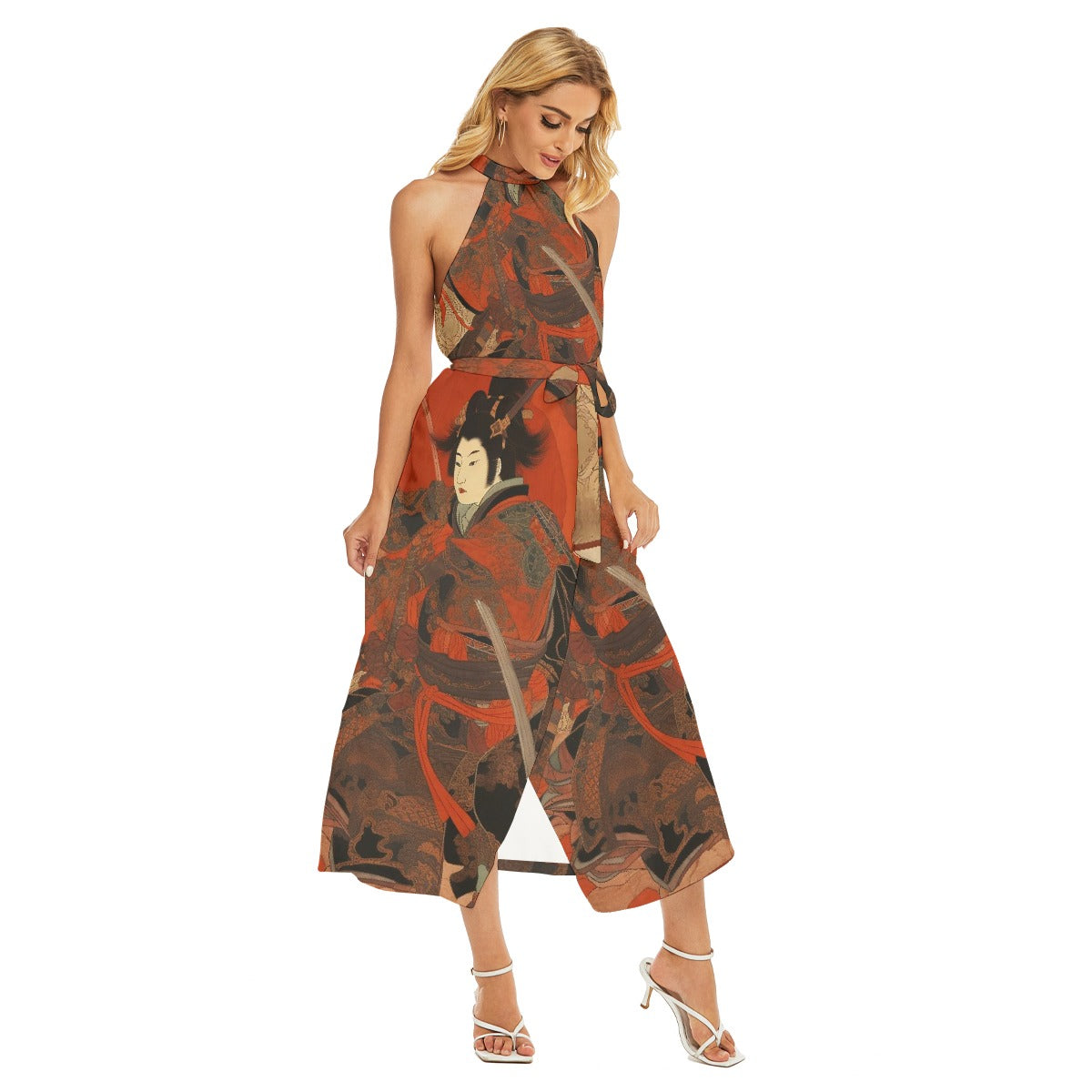 All-Over Print Women's Wrap Hem Belted Halter Dress