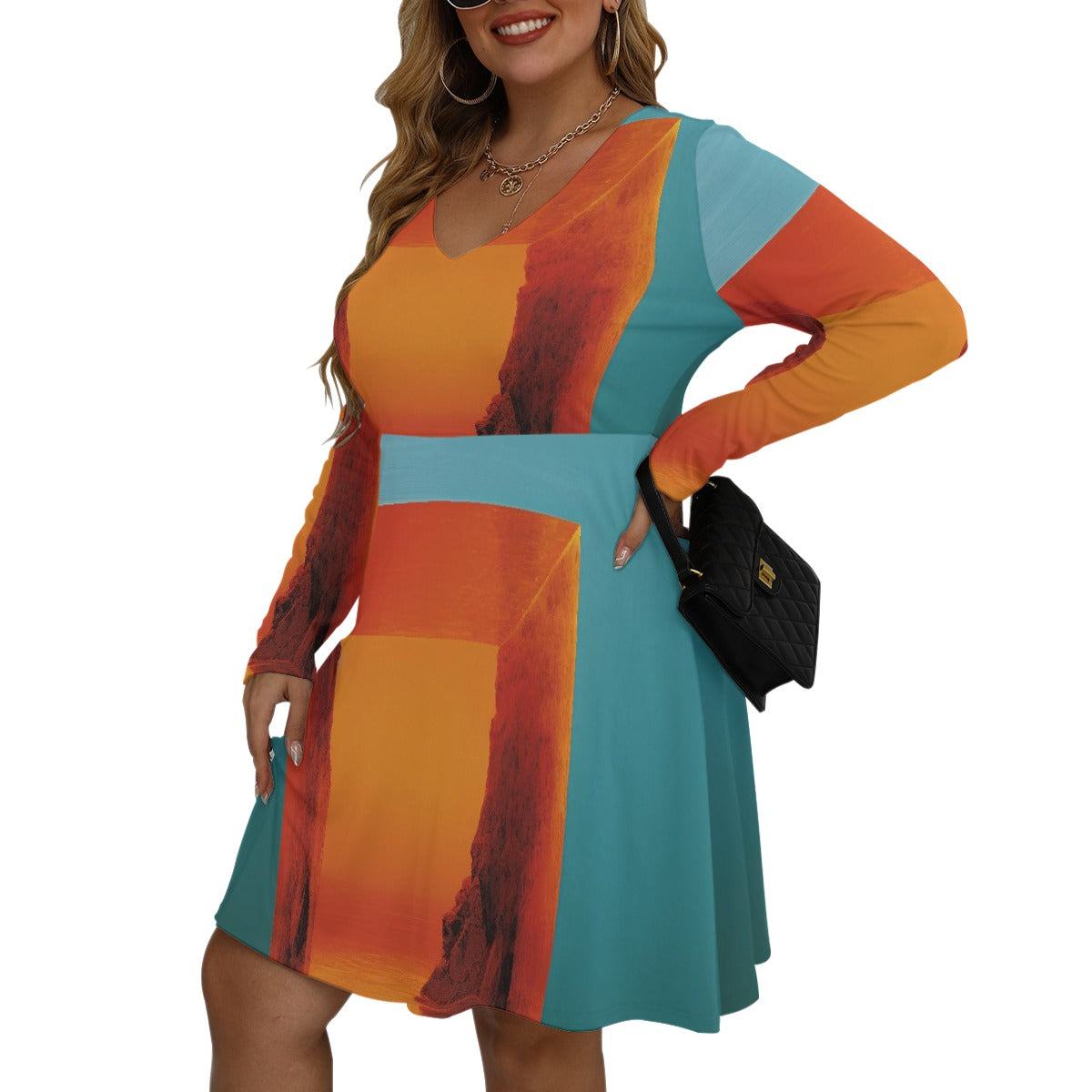 All-Over Print Women's V-neck Long Sleeve Dress(Plus Size)