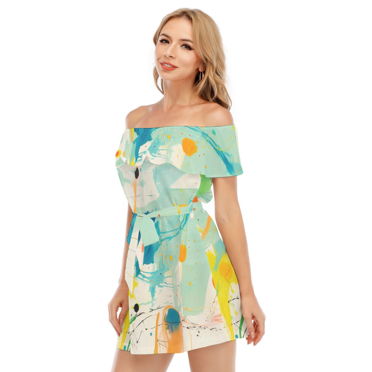 All-Over Print Women's Off-shoulder Dress With Ruffle