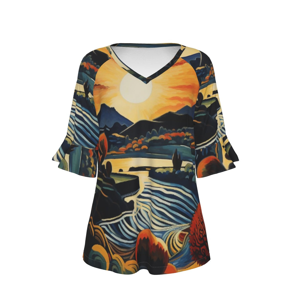 All-Over Print V-neck Women's T-shirt With Bell Sleeve