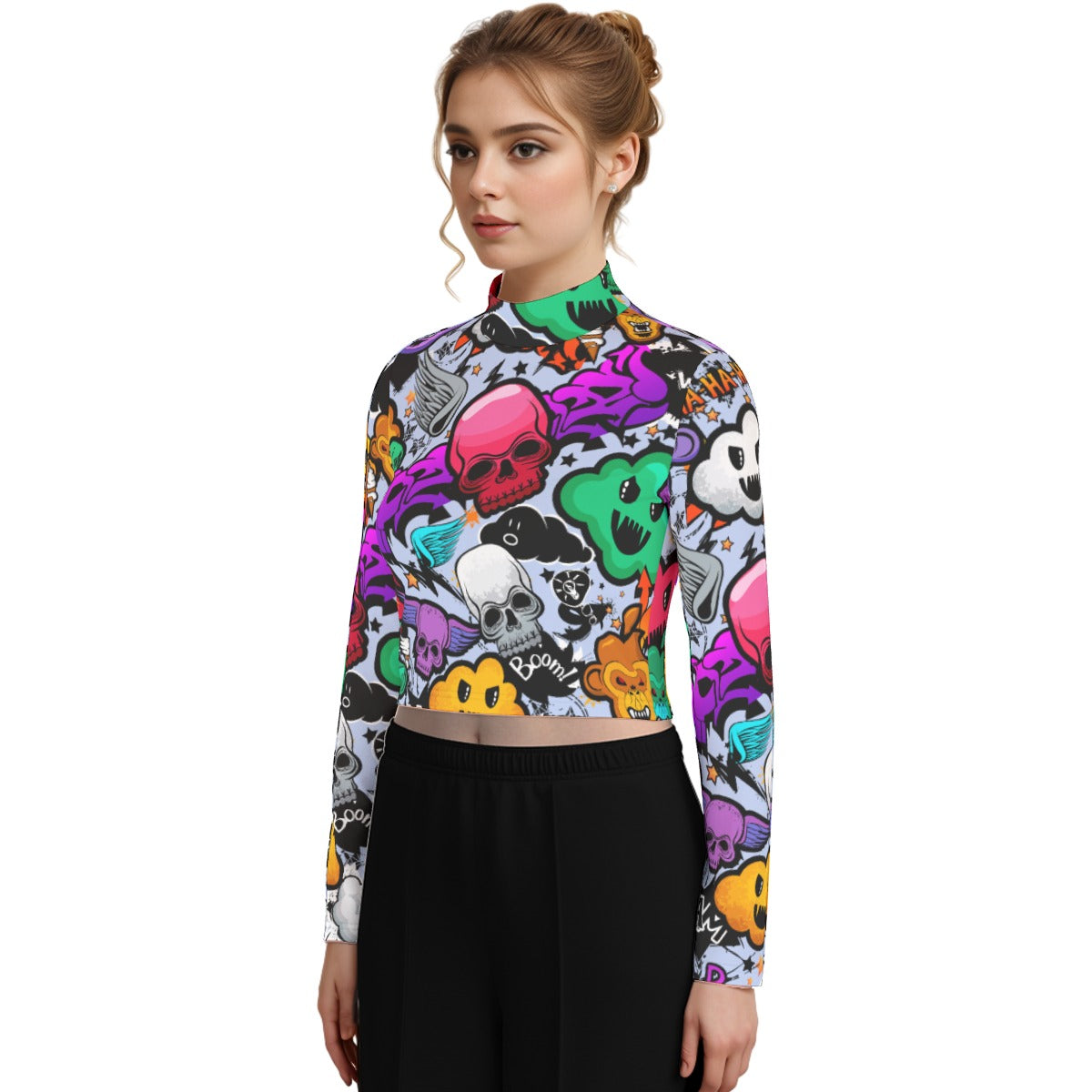 Eco-Friendly All-Over Print Women's Turtleneck T-shirt With Long Sleeve