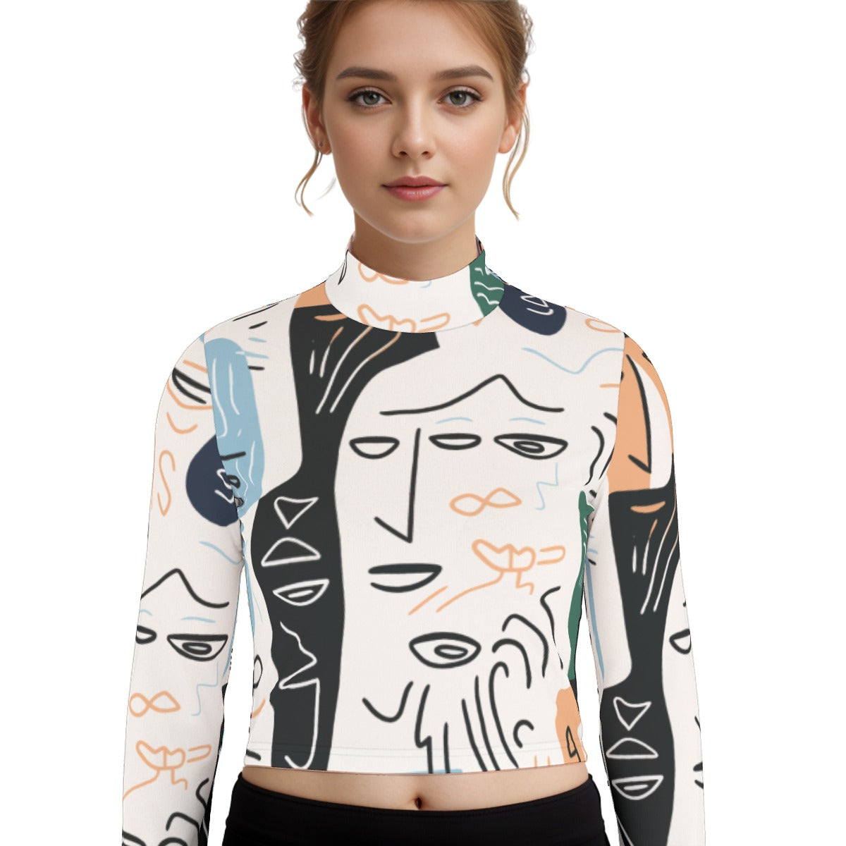 Eco-Friendly All-Over Print Women's Turtleneck T-shirt With Long Sleeve