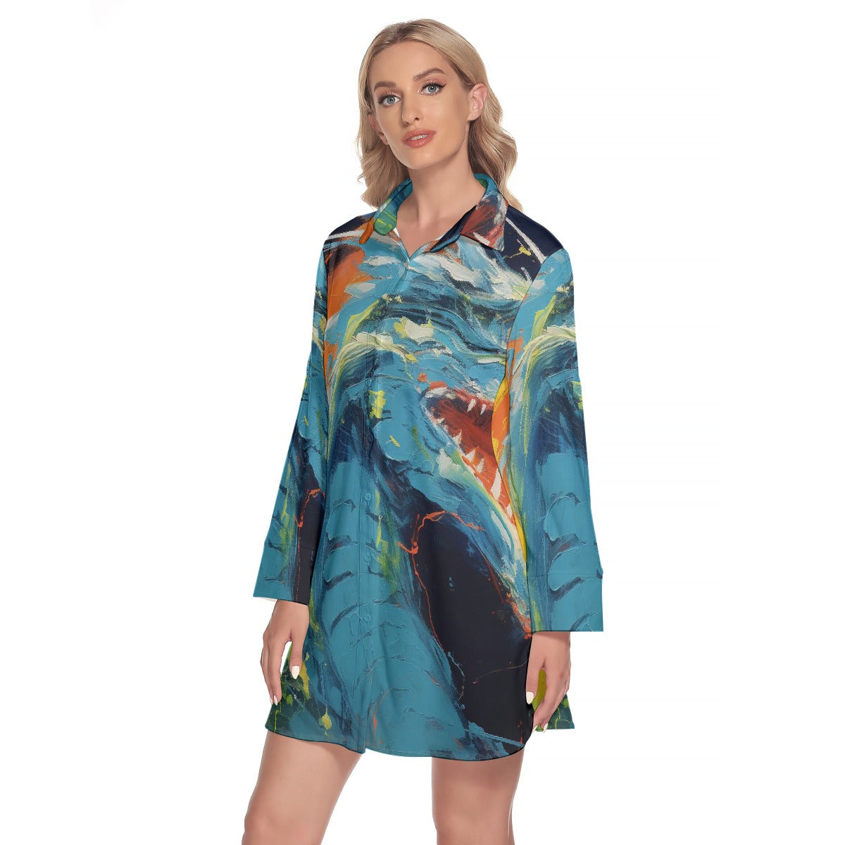 All-Over Print Women's Lapel Shirt Dress With Long Sleeve