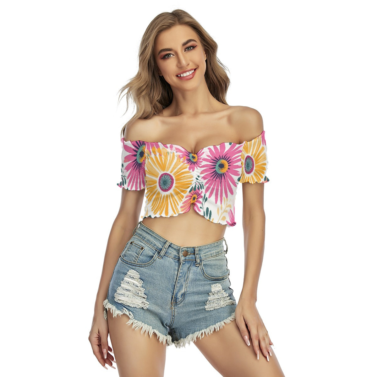 All-Over Print Women's One-shoulder Off-the-navel Short Sleeve T-shirt