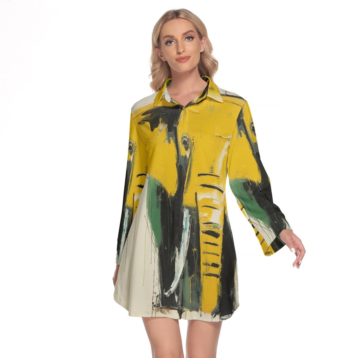 All-Over Print Women's Lapel Shirt Dress With Long Sleeve