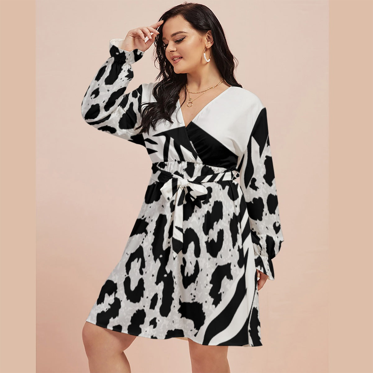 All-Over Print Women's V-neck Dress With Waistband(Plus Size)