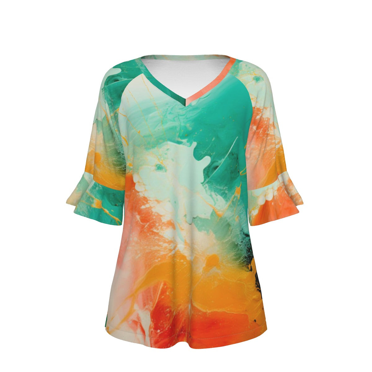 All-Over Print V-neck Women's T-shirt With Bell Sleeve