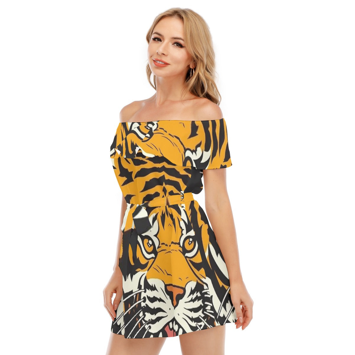 All-Over Print Women's Off-shoulder Dress With Ruffle