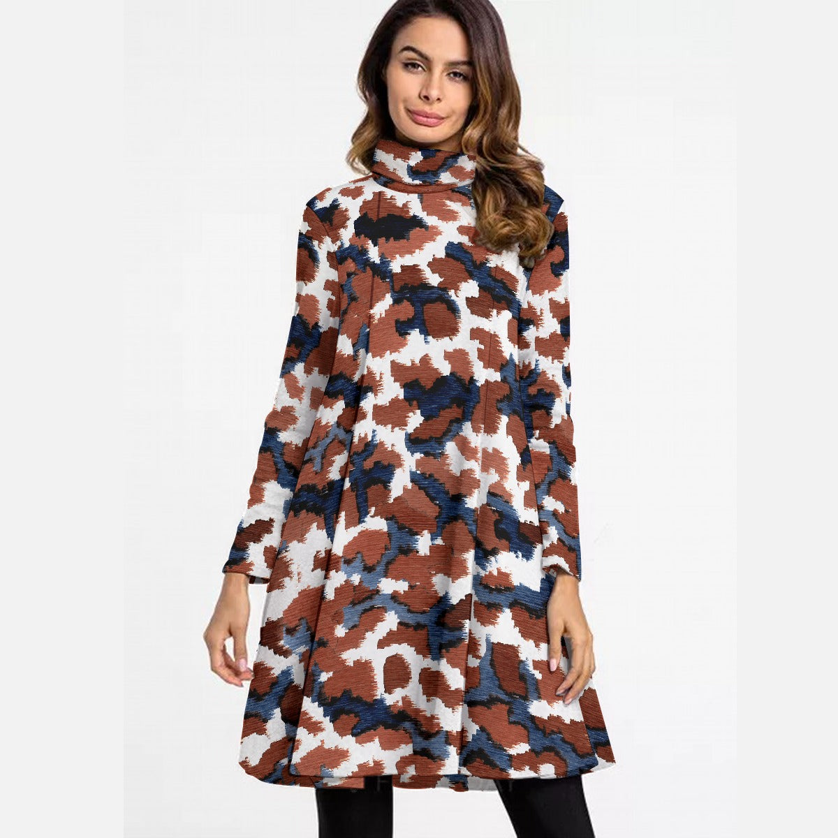 All-Over Print Women's High Neck Dress With Long Sleeve