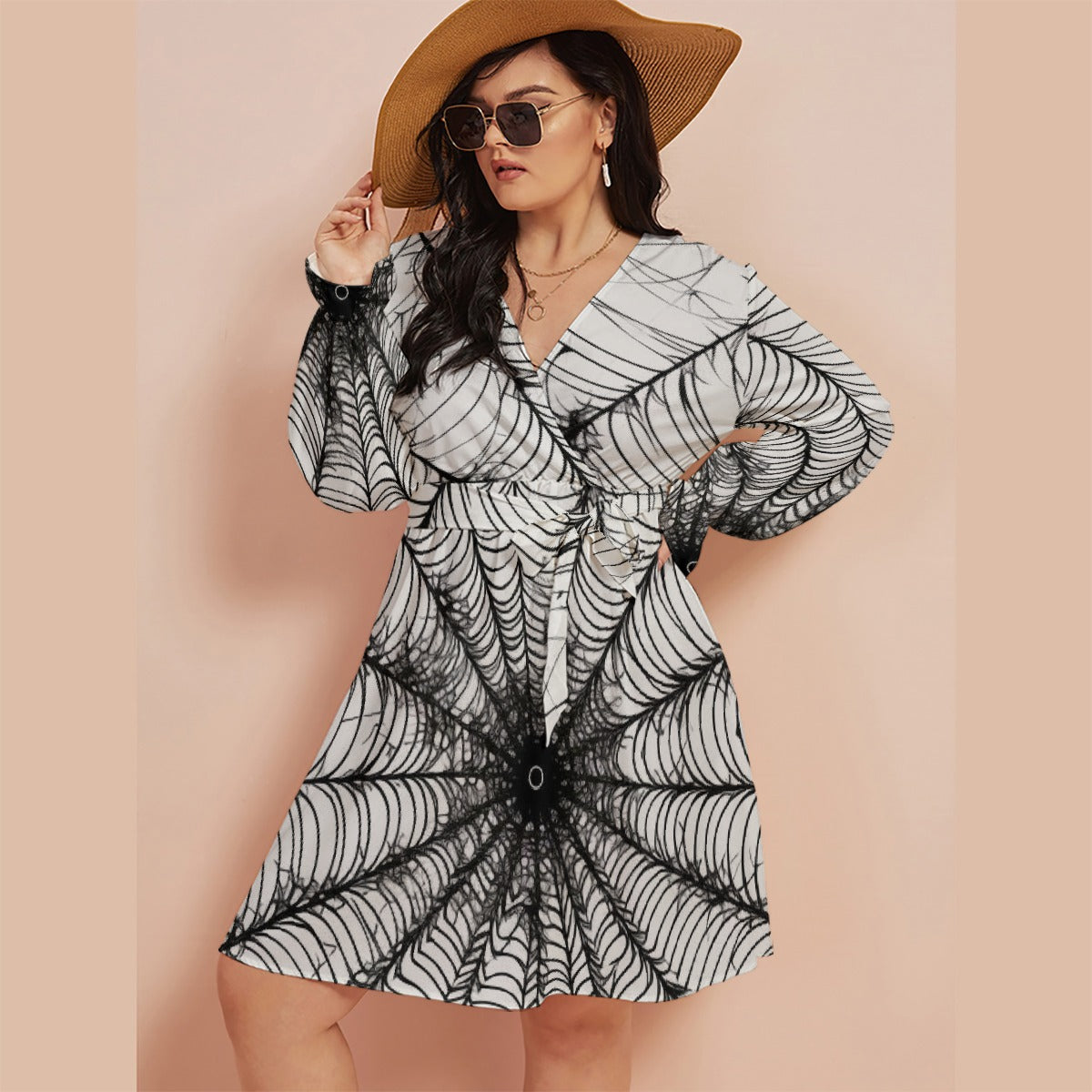 All-Over Print Women's V-neck Dress With Waistband(Plus Size)