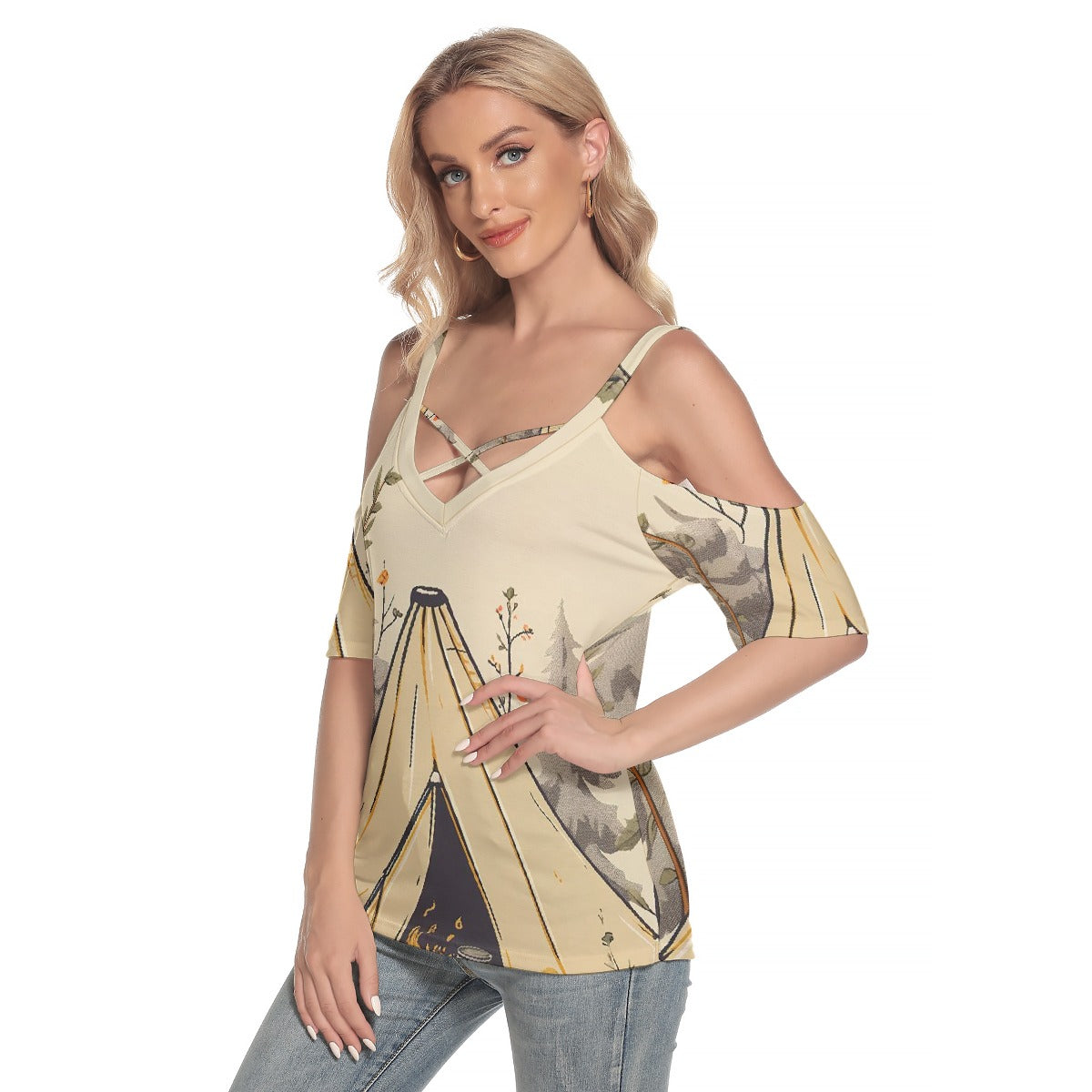 All-Over Print Women's Cold Shoulder T-shirt With Criss Cross Strips