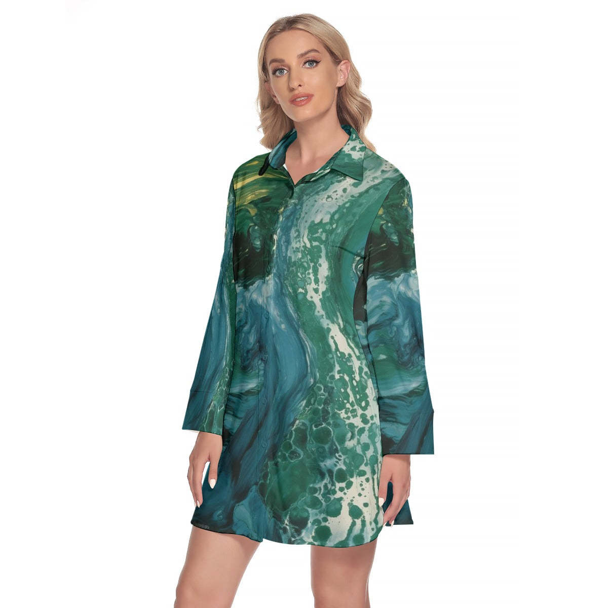 All-Over Print Women's Lapel Shirt Dress With Long Sleeve