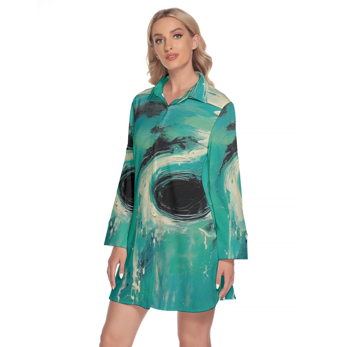 All-Over Print Women's Lapel Shirt Dress With Long Sleeve