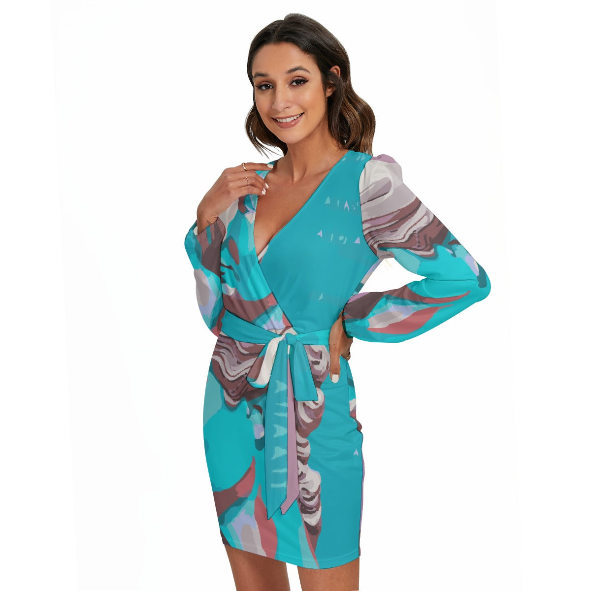 All-Over Print Women's Long Sleeve Dress With Waist Belt