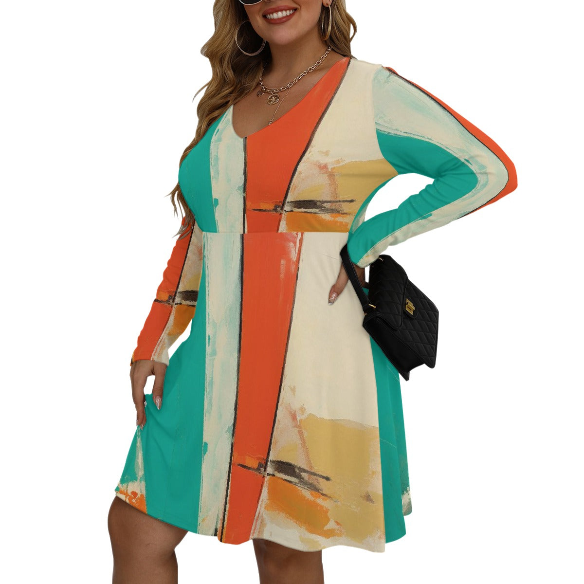 All-Over Print Women's V-neck Long Sleeve Dress(Plus Size)