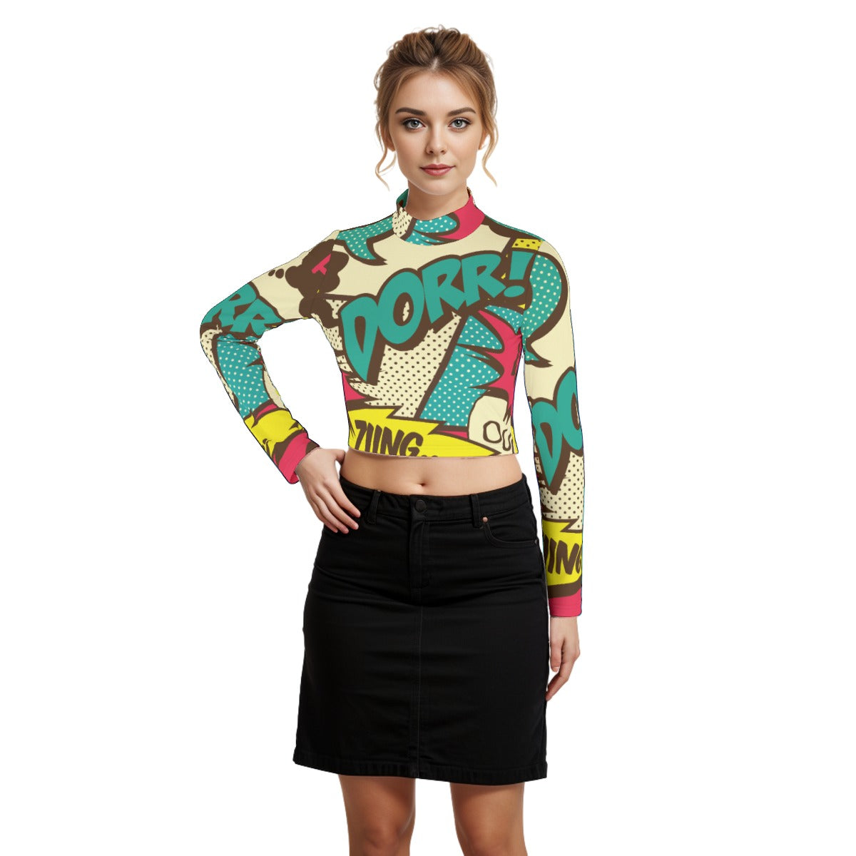 Eco-Friendly All-Over Print Women's Turtleneck T-shirt With Long Sleeve