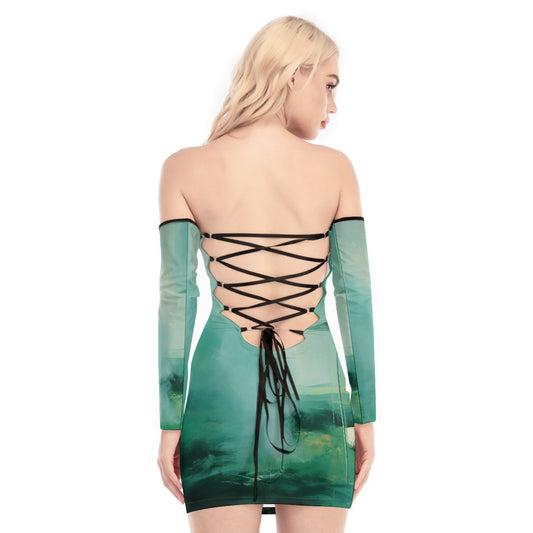 All-Over Print Women's Off-shoulder Back Lace-up Dress