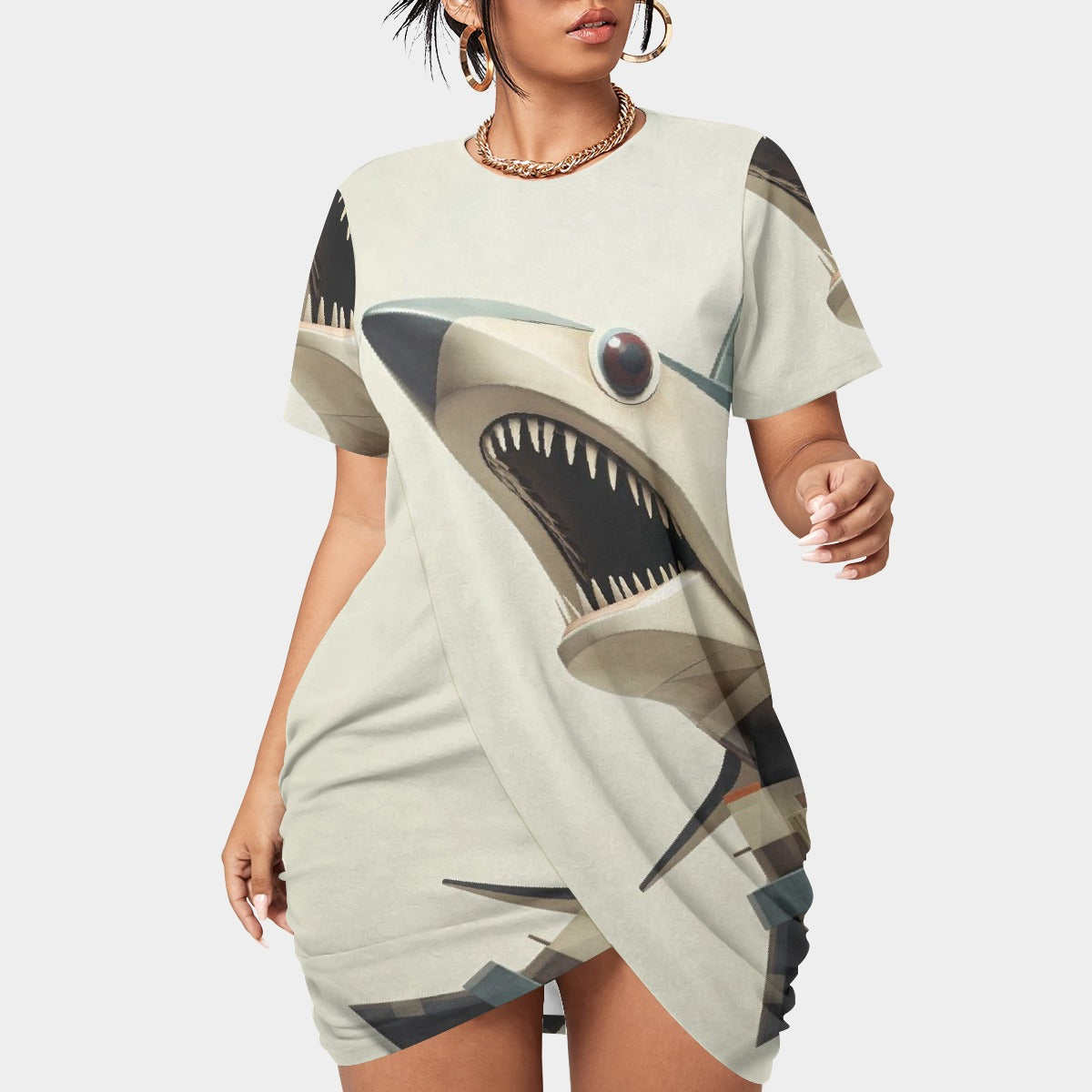 All-Over Print Women’s Stacked Hem Dress With Short Sleeve（Plus Size）