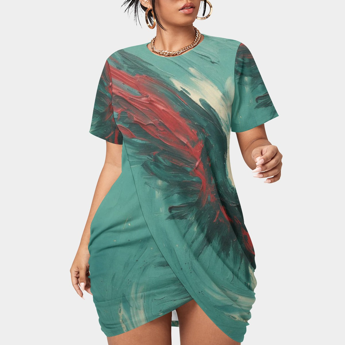 All-Over Print Women’s Stacked Hem Dress With Short Sleeve（Plus Size）