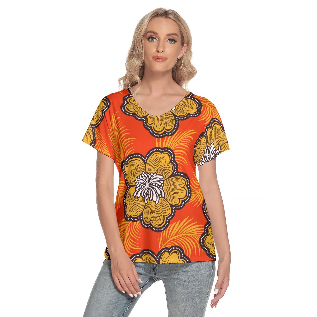 All-Over Print Women's Loose V-neck Short Sleeve T-shirt