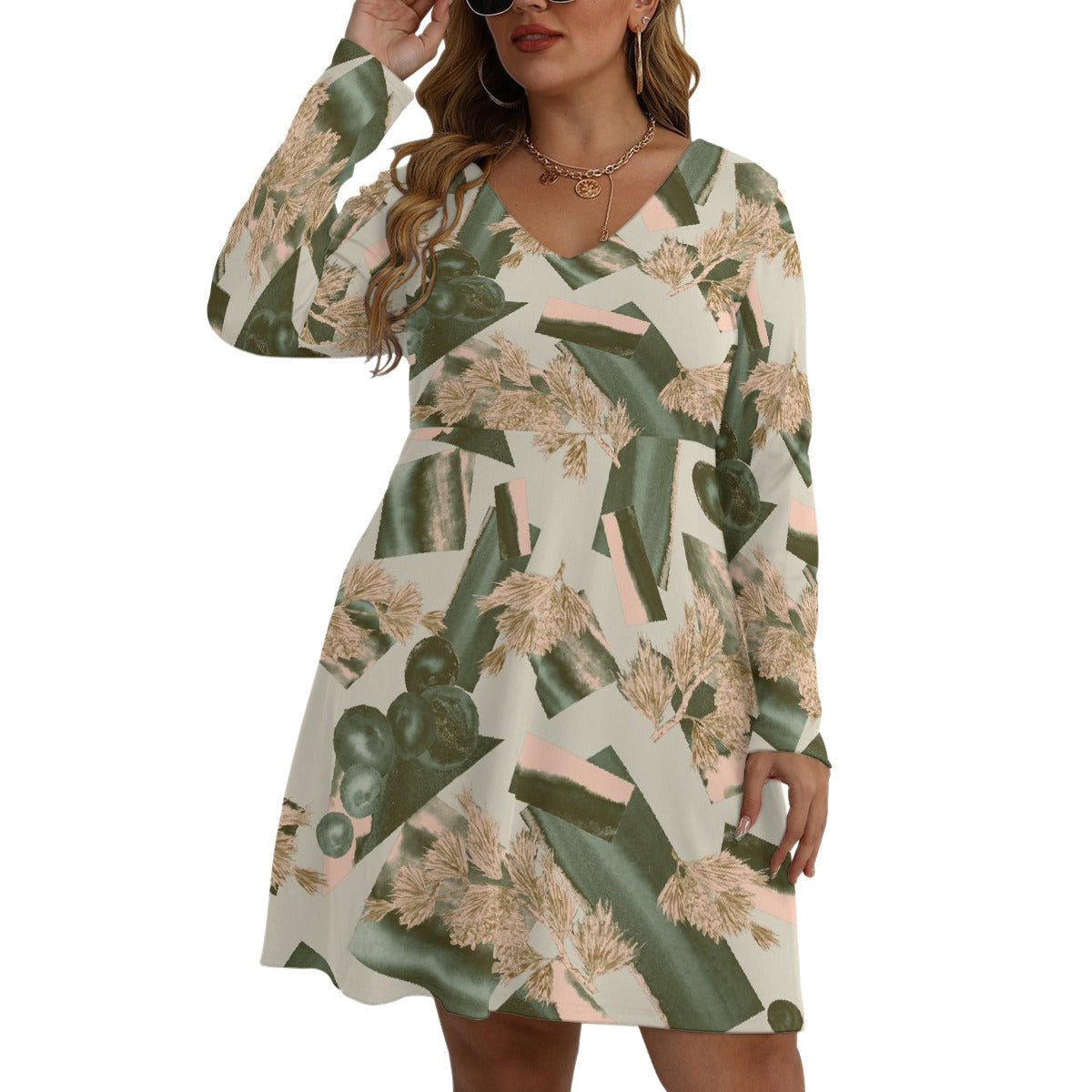 All-Over Print Women's V-neck Long Sleeve Dress(Plus Size)