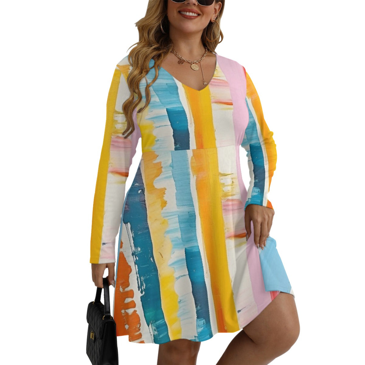 All-Over Print Women's V-neck Long Sleeve Dress(Plus Size)