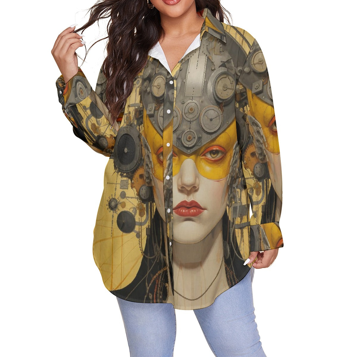 All-Over Print Women's Shirt With Long Sleeve(Plus Size)