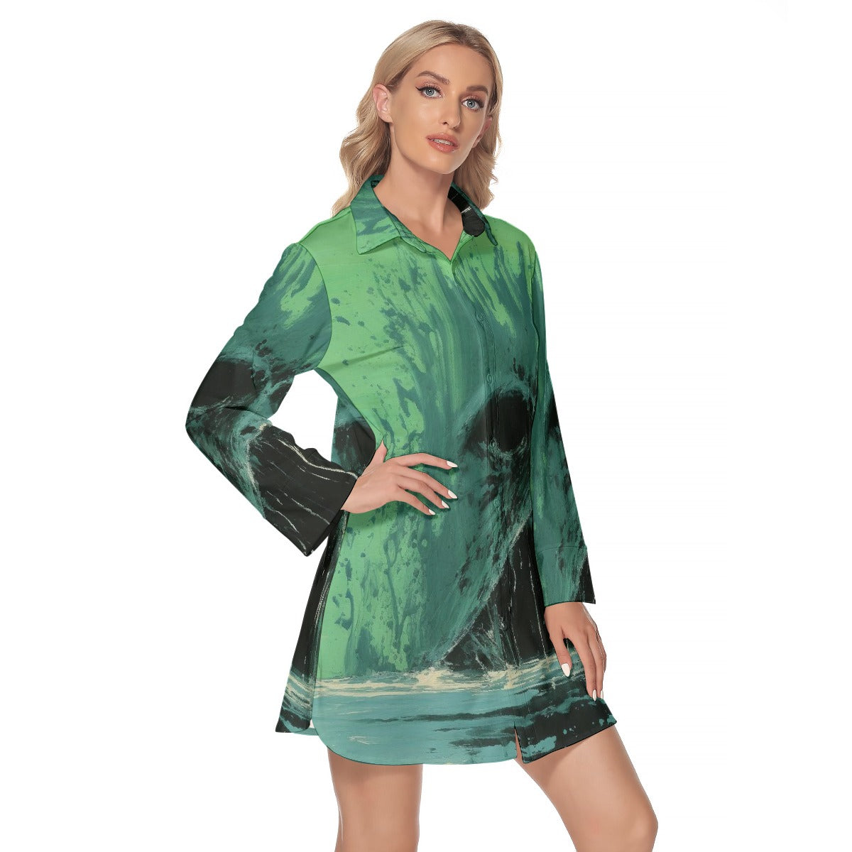 All-Over Print Women's Lapel Shirt Dress With Long Sleeve