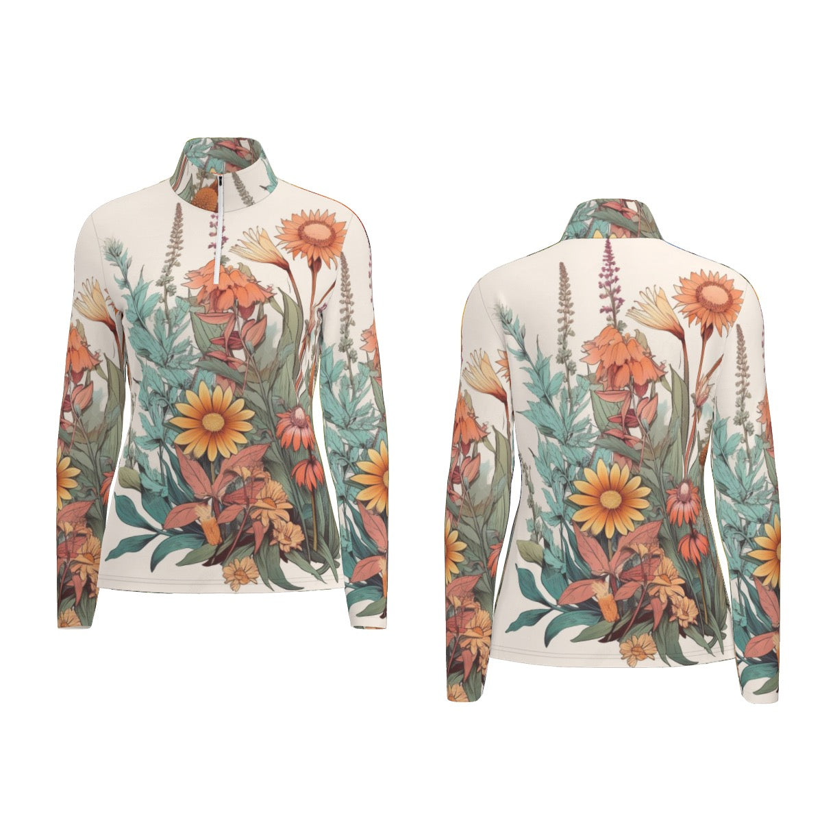 All-Over Print Women's Sports Collar Jersey With Long Sleeve