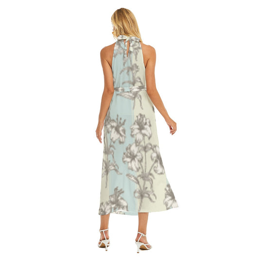 All-Over Print Women's Wrap Hem Belted Halter Dress