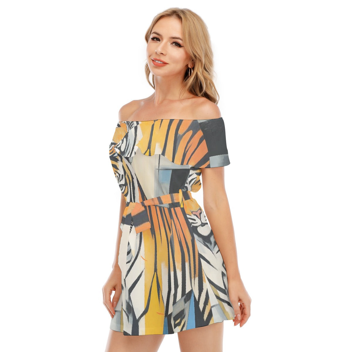 All-Over Print Women's Off-shoulder Dress With Ruffle