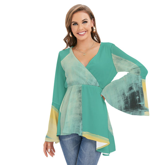 All-Over Print Women's V-neck Blouse With Flared Sleeves