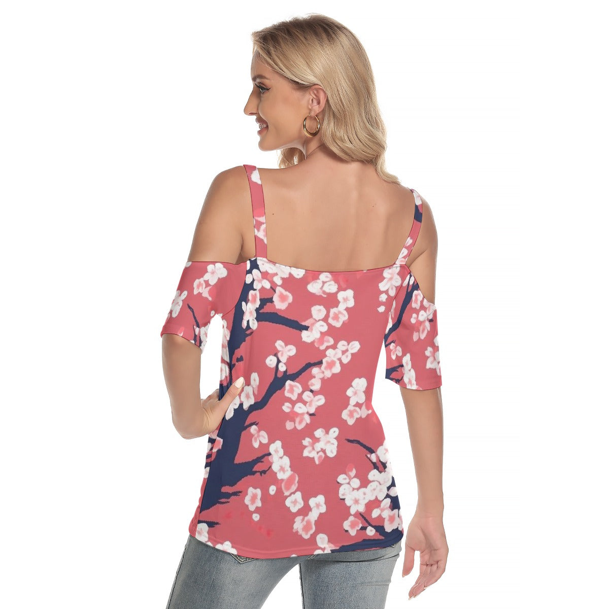 All-Over Print Women's Cold Shoulder T-shirt With Criss Cross Strips