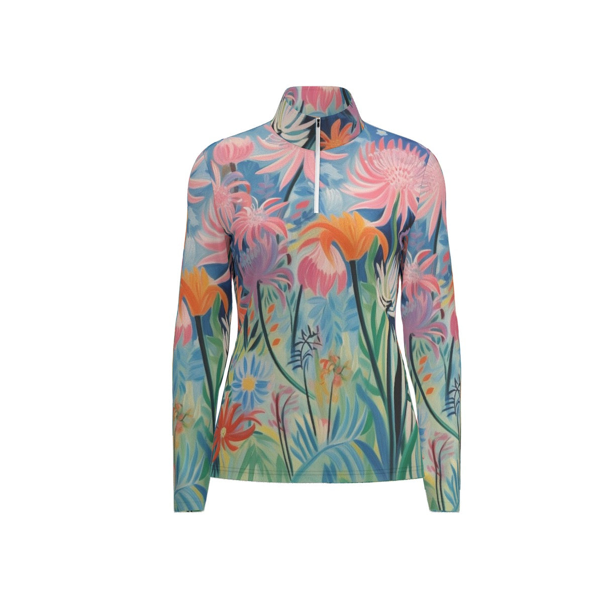 All-Over Print Women's Sports Collar Jersey With Long Sleeve