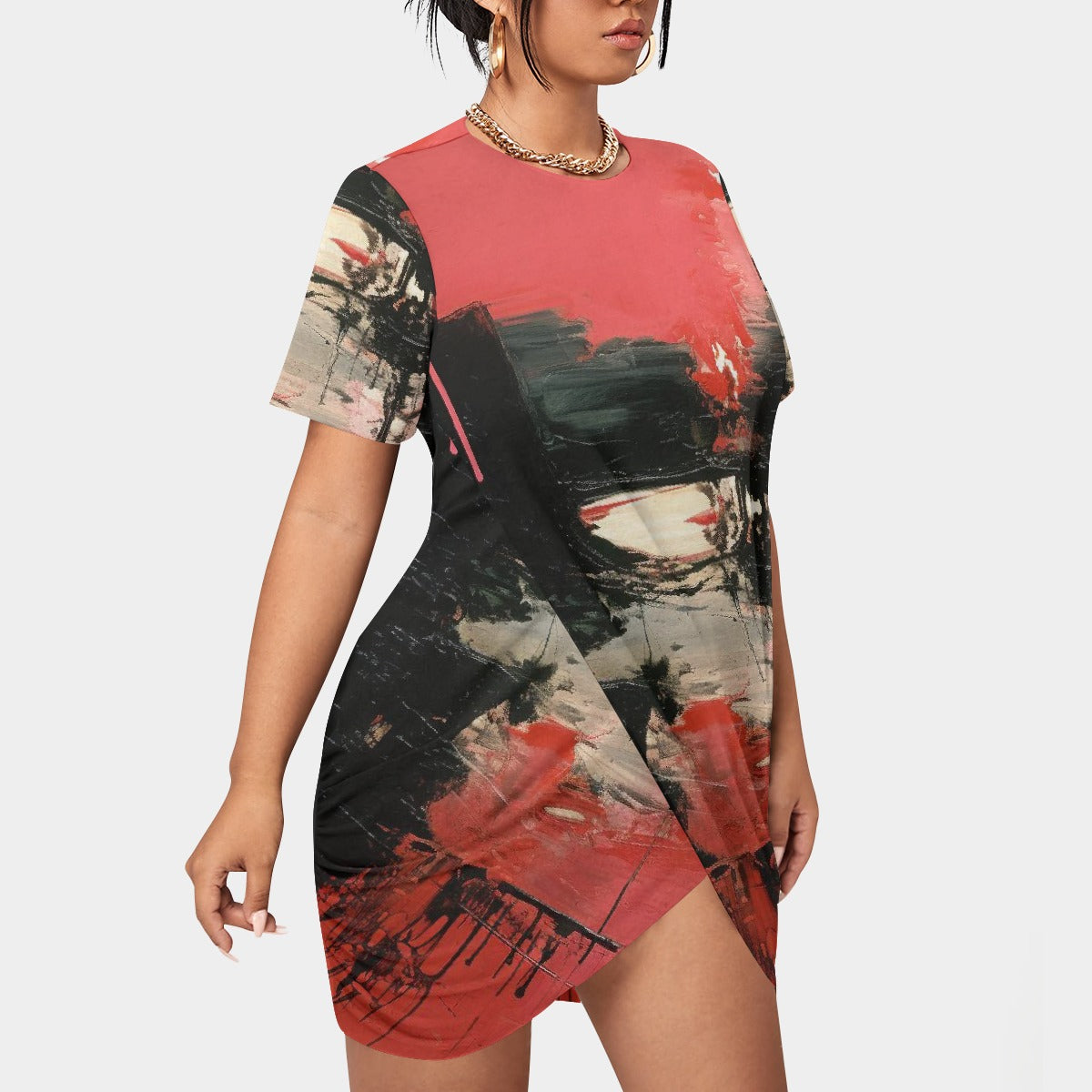 All-Over Print Women’s Stacked Hem Dress With Short Sleeve（Plus Size）