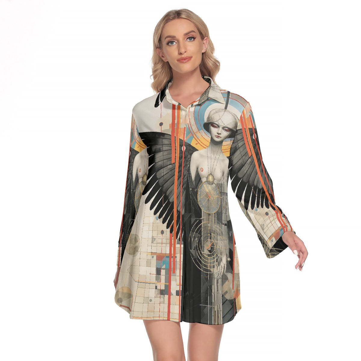 All-Over Print Women's Lapel Shirt Dress With Long Sleeve