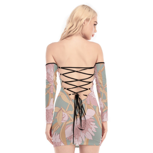 All-Over Print Women's Off-shoulder Back Lace-up Dress