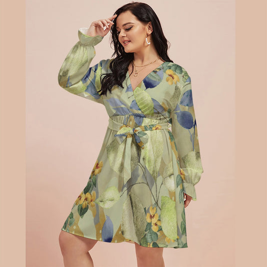 All-Over Print Women's V-neck Dress With Waistband(Plus Size)