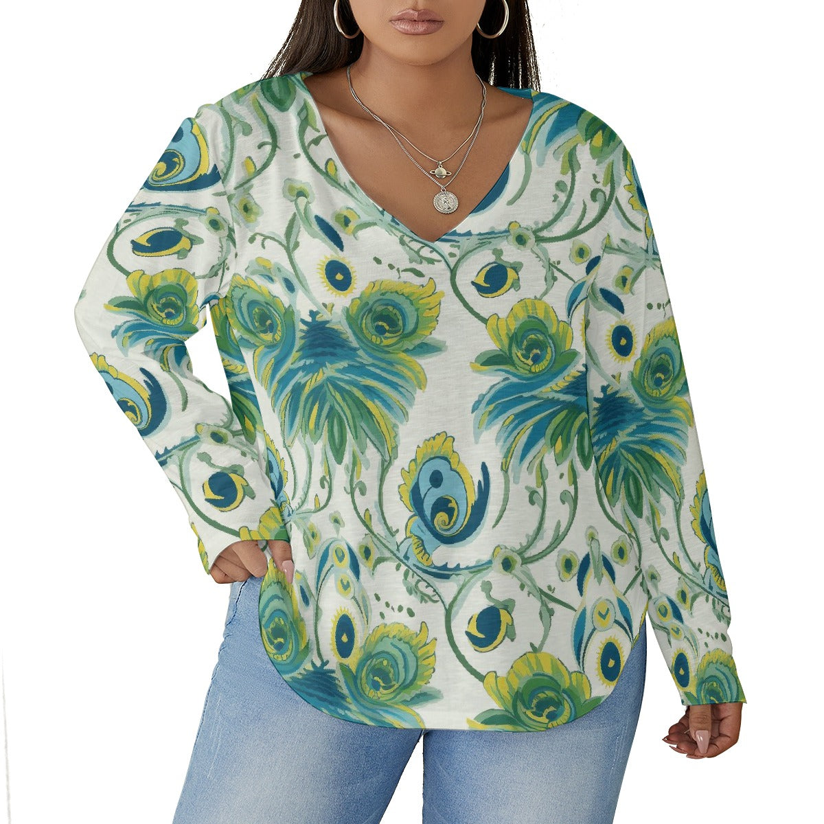 All-Over Print Women's V-neck T-shirt With Curved Hem(Plus Size)