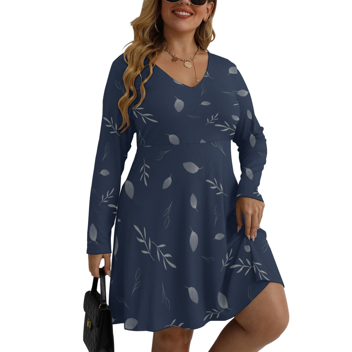 All-Over Print Women's V-neck Long Sleeve Dress(Plus Size)