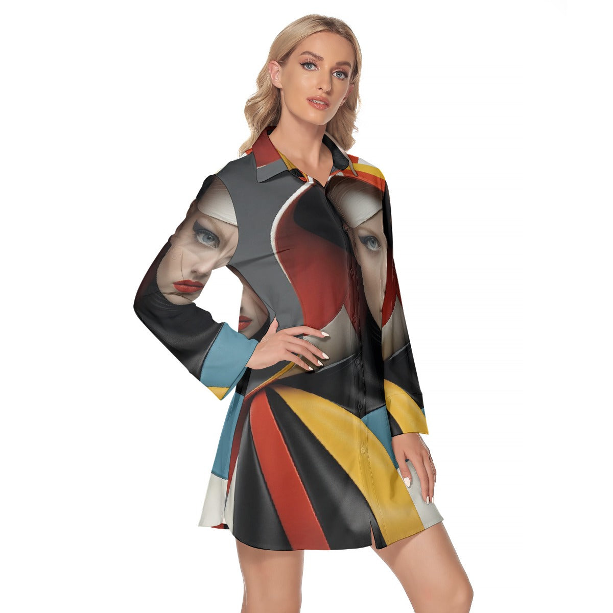 All-Over Print Women's Lapel Shirt Dress With Long Sleeve