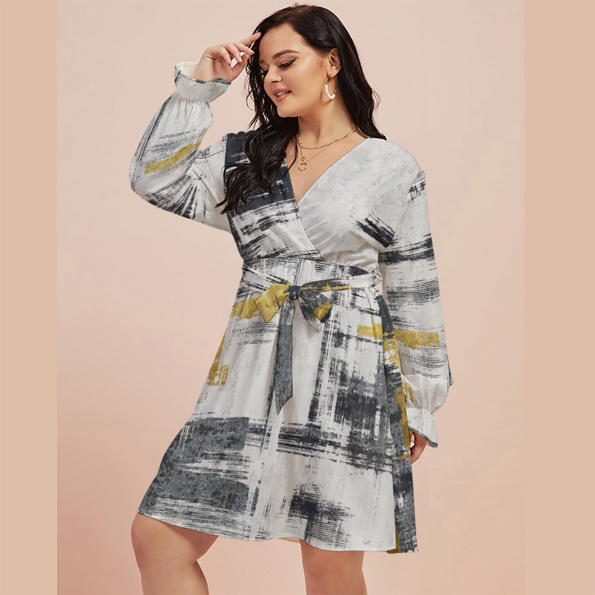 All-Over Print Women's V-neck Dress With Waistband(Plus Size)