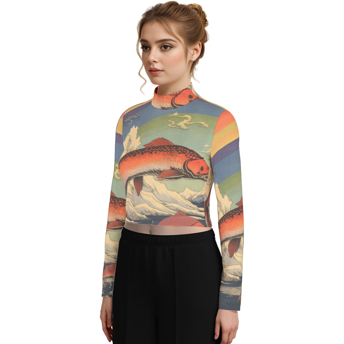 Eco-Friendly All-Over Print Women's Turtleneck T-shirt With Long Sleeve